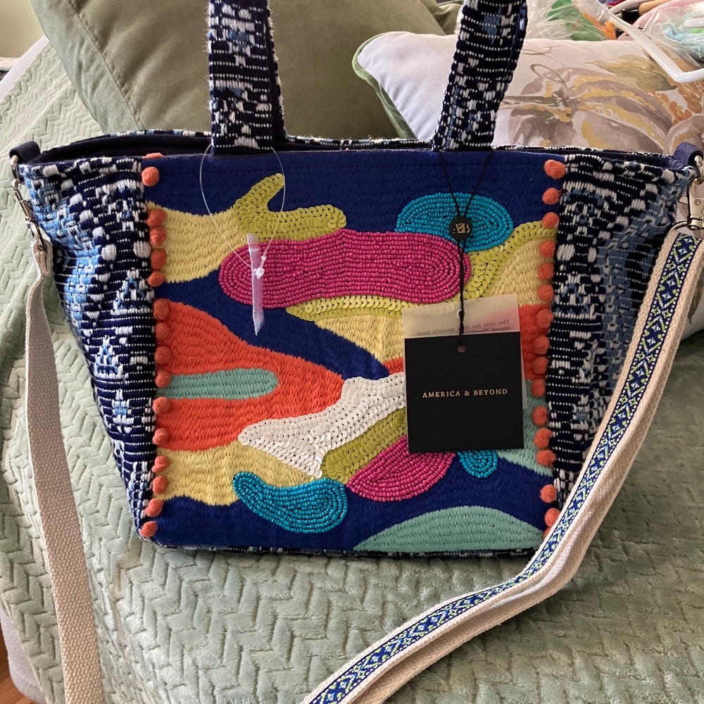 America & Beyond brand;  Medium size; Blue & White with Multi-color sequins